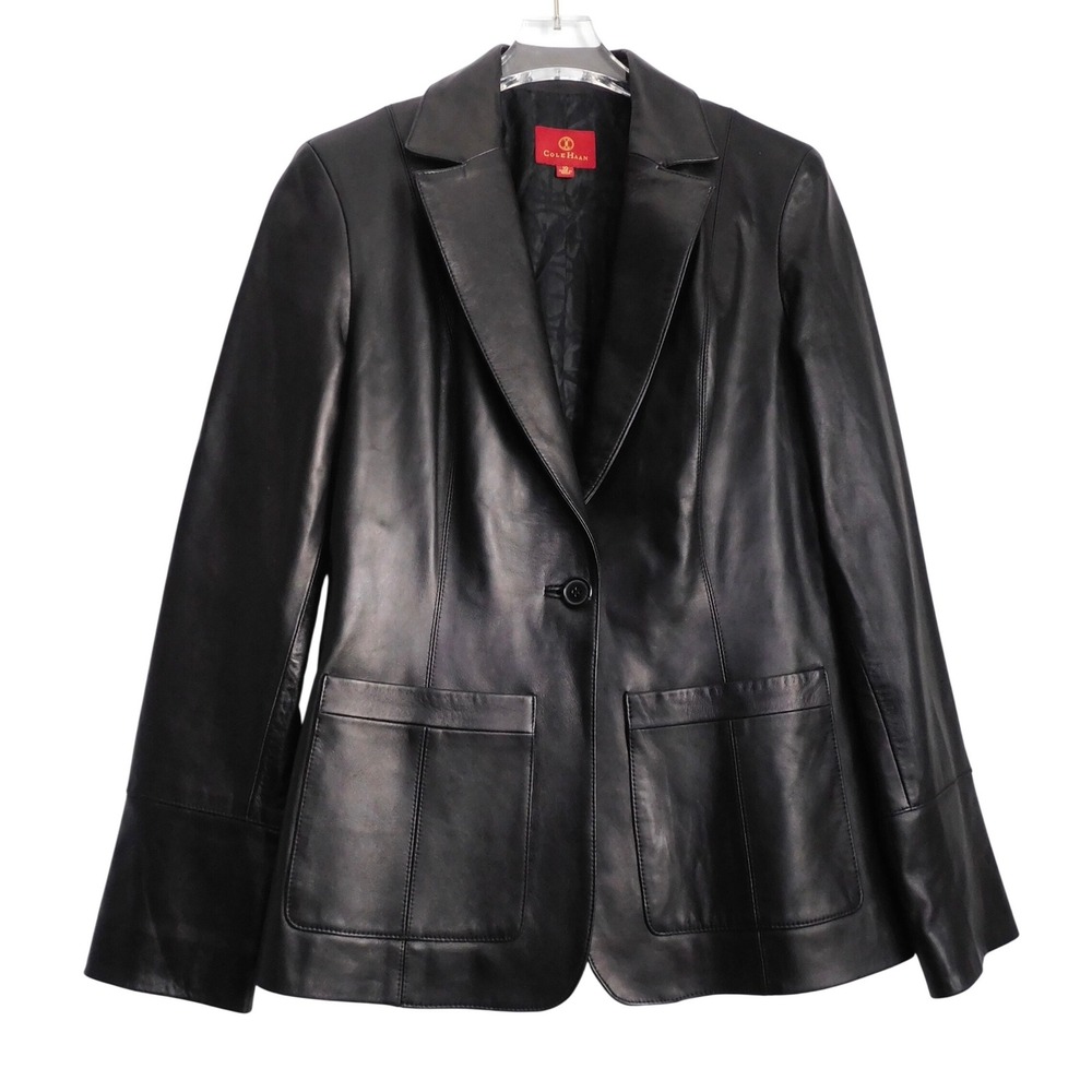 Cole Haan Leather Blazer Womens 10 Black Lambskin Single Button Patch Pocket